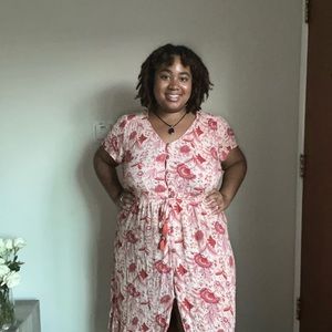 Pink floral high-low dress.